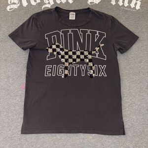 Victoria’s Secret PINK Checker Sequin Bling Dark Gray Short Sleeve Tee Shirt -XS